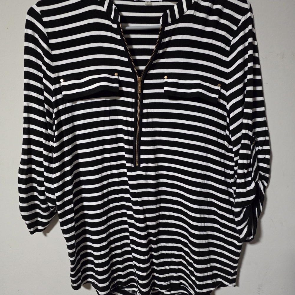 Calvin Klein Black & White Striped Zip-Pocket Tunic